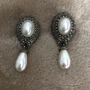 Judith Jack Marcasite and Pearl Drop Earrings